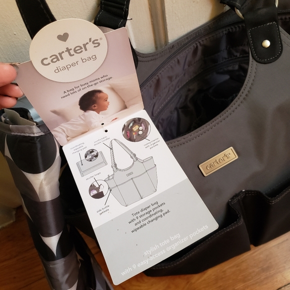 NWT Carter's Tote Diaper Bag with Changing Pad, Black and Gray, 9 Pockets - Picture 3 of 9